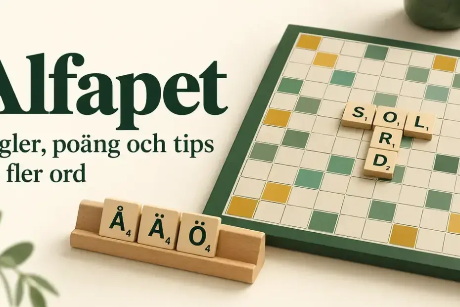 Alfapet med bokstavsbrickor som bildar orden SOL och ORD på en grön spelplan, ett brickställ med Å, Ä och Ö samt texten ”Alfapet – Regler, poäng och tips för fler ord”.