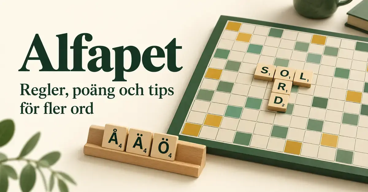 Alfapet med bokstavsbrickor som bildar orden SOL och ORD på en grön spelplan, ett brickställ med Å, Ä och Ö samt texten ”Alfapet – Regler, poäng och tips för fler ord”.