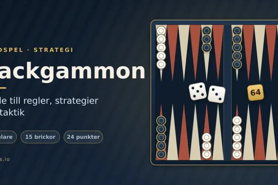 Grafik med rubriken ”Backgammon – guide till regler, strategier och taktik” bredvid ett backgammonbräde med 15 brickor per spelare, två tärningar och en dubbleringstärning.