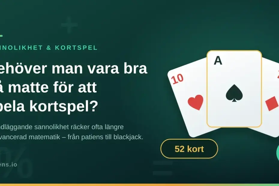 Illustration med tre spelkort och matematiska symboler samt rubriken "Behöver man vara bra på matte för att spela kortspel?".