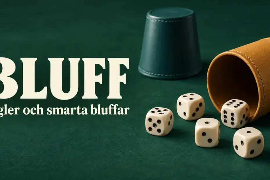 Fem vita tärningar och två tärningsbägare på ett grönt bord med texten ”Bluff – Regler och smarta bluffar”.