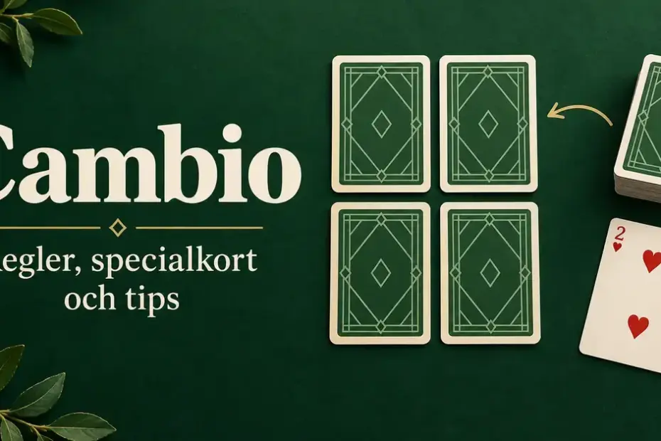 Fyra nedåtvända spelkort, en kortlek och hjärter två på grön bakgrund intill texten ”Cambio – Regler, specialkort och tips”.