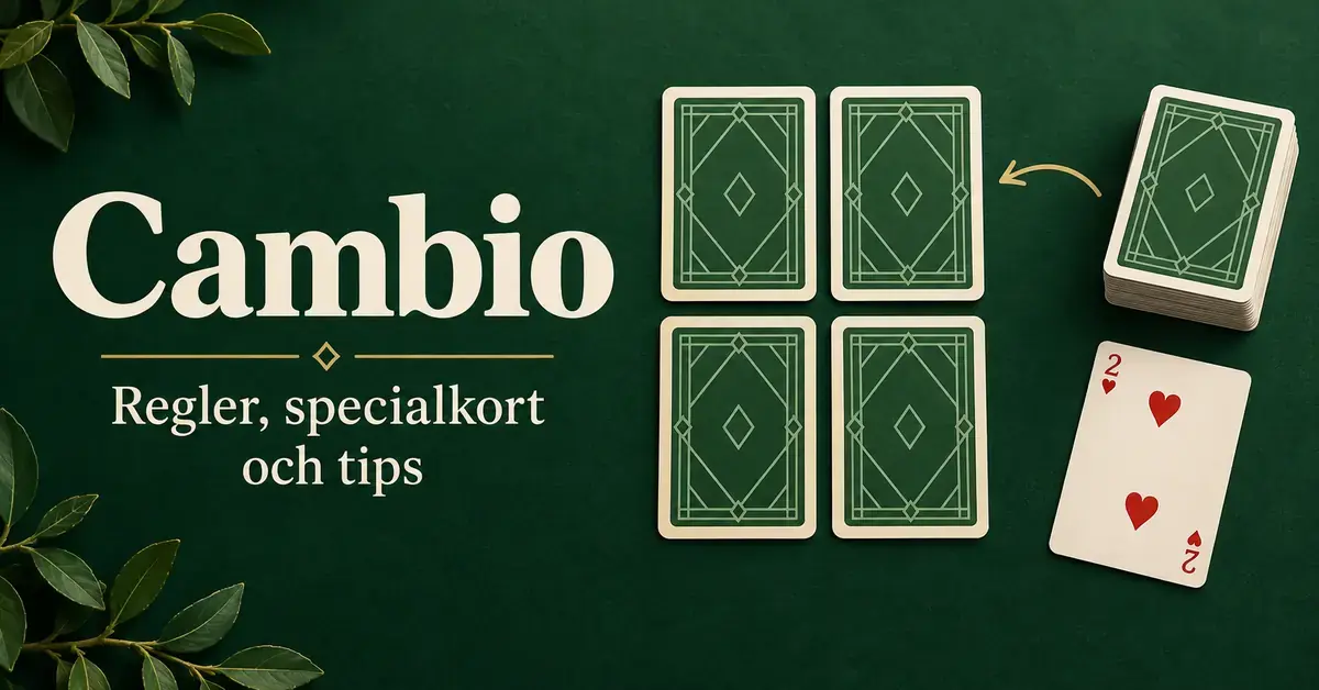 Fyra nedåtvända spelkort, en kortlek och hjärter två på grön bakgrund intill texten ”Cambio – Regler, specialkort och tips”.
