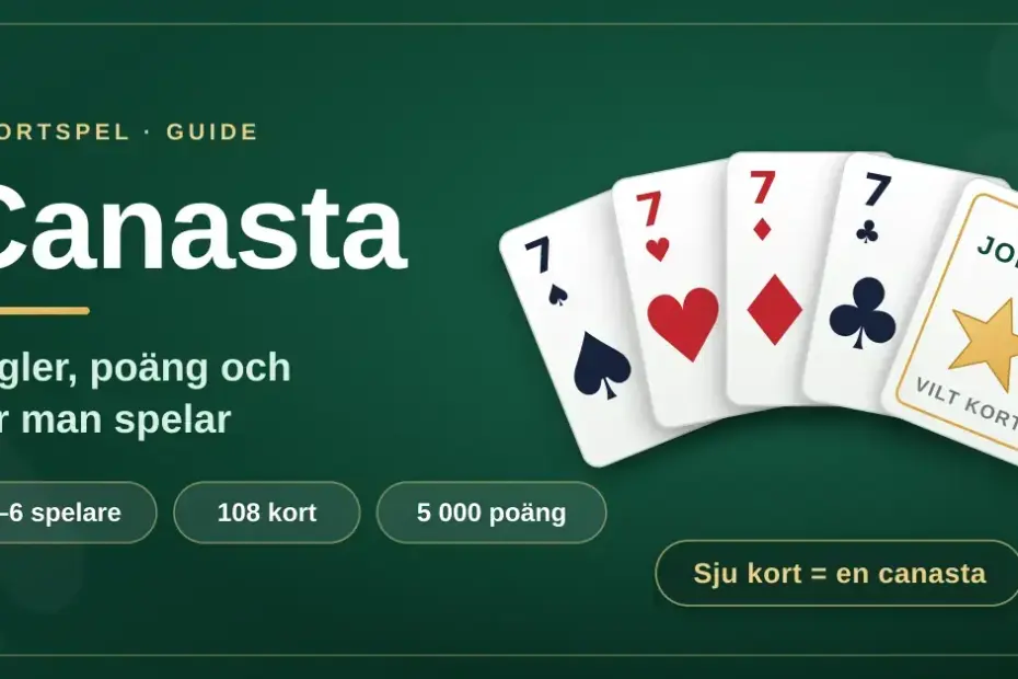Grafik med texten "Canasta – regler, poäng och hur man spelar" mot grön spelbordsbakgrund, med en solfjäder av fyra sjuor i olika färger och ett jokerkort märkt "vilt kort".