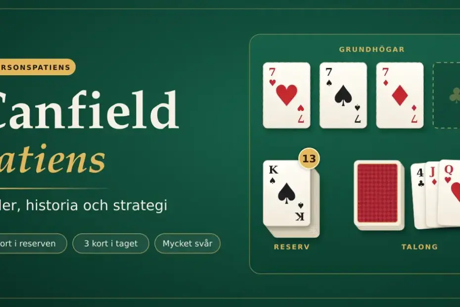 Grafik för Canfield patiens som visar fyra grundhögar med sjuor, en reservhög på 13 kort och en talong på ett grönt filtbord, bredvid texten ”Regler, historia och strategi”.