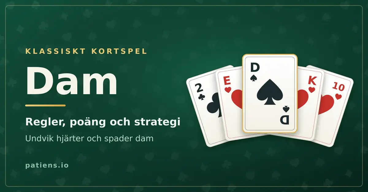 Grafik för kortspelet Dam (Hjärter): en solfjäder av spelkort på grön bakgrund där spader dam ligger överst, med texten "Dam – regler, poäng och strategi".
