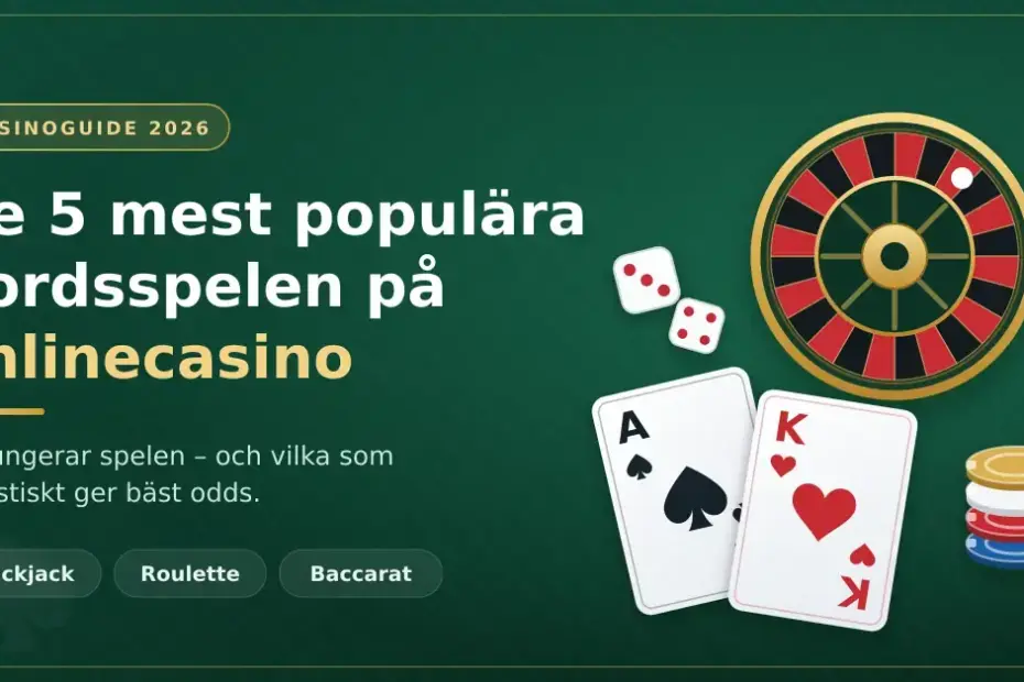 En grafisk illustration med ett roulettehjul, spelkort och casinomarker bredvid rubriken "De 5 mest populära bordsspelen på onlinecasino".