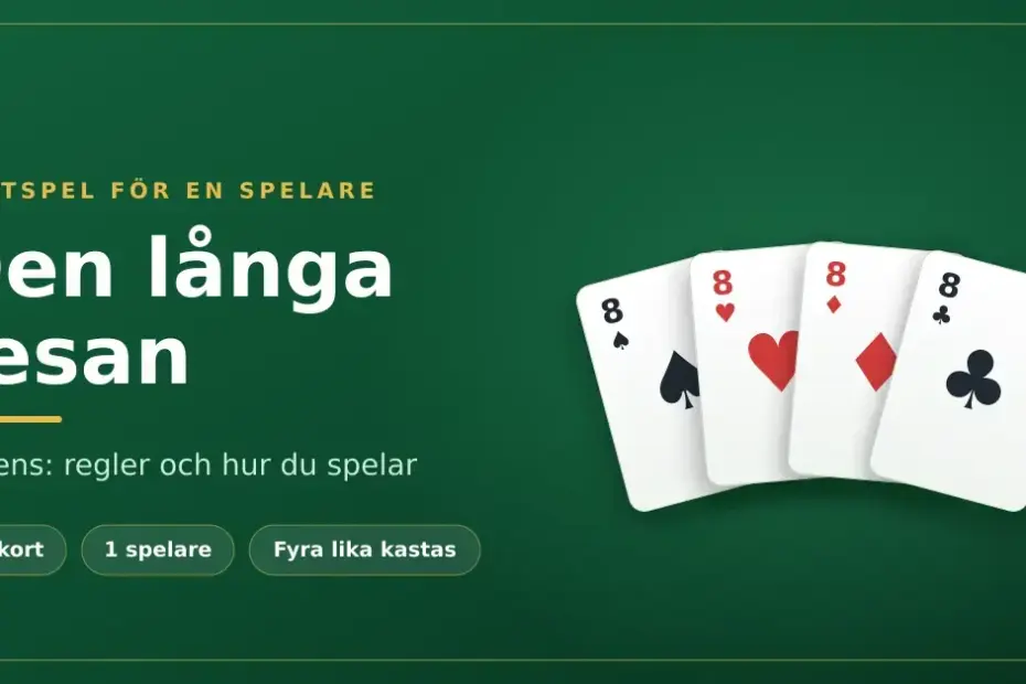 Grafik för patiensen Den långa resan: fyra spelkort med åttor i alla fyra färger på grön spelduk, bredvid rubriken "Den långa resan – patiens: regler och hur du spelar".