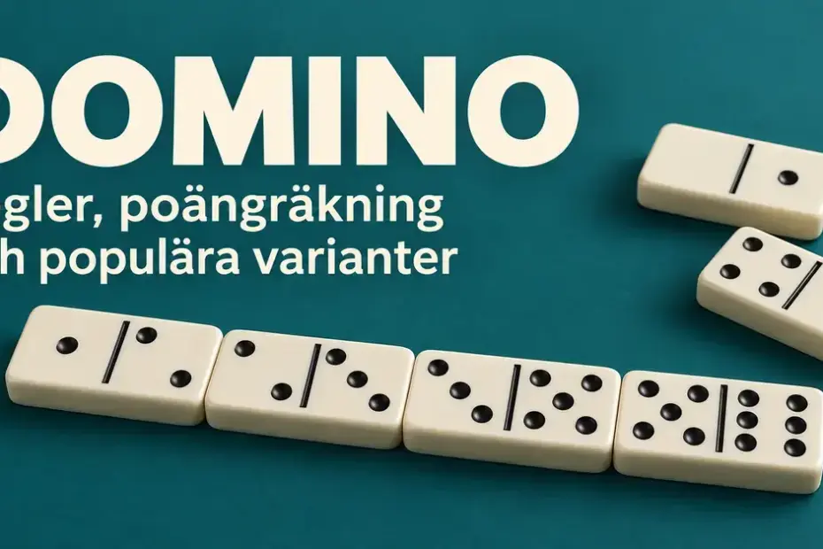 Ljusa dominobrickor med svarta prickar på en mörkt turkos bakgrund med texten Domino – regler, poängräkning och populära varianter.