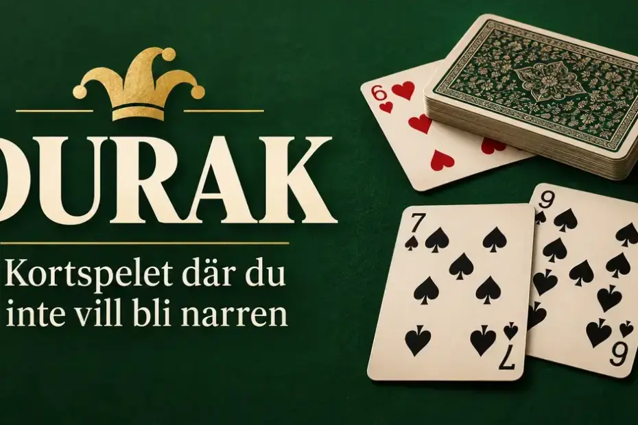 Spelkort och en gyllene narrmössa på grön bakgrund med texten ”Durak – kortspelet där du inte vill bli narren”.