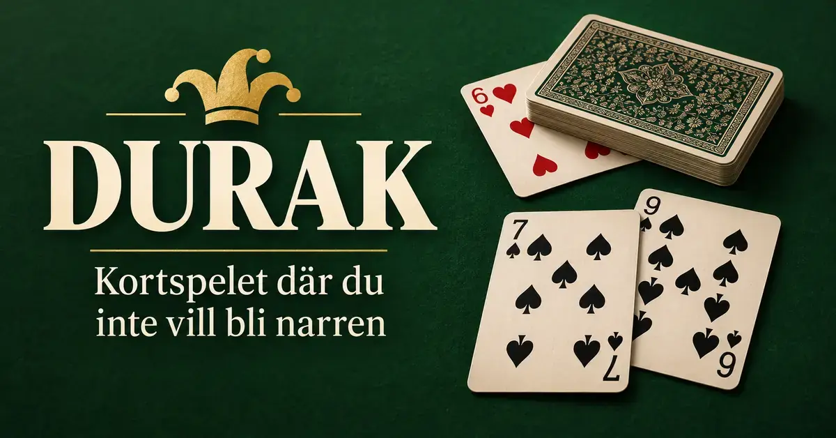 Spelkort och en gyllene narrmössa på grön bakgrund med texten ”Durak – kortspelet där du inte vill bli narren”.