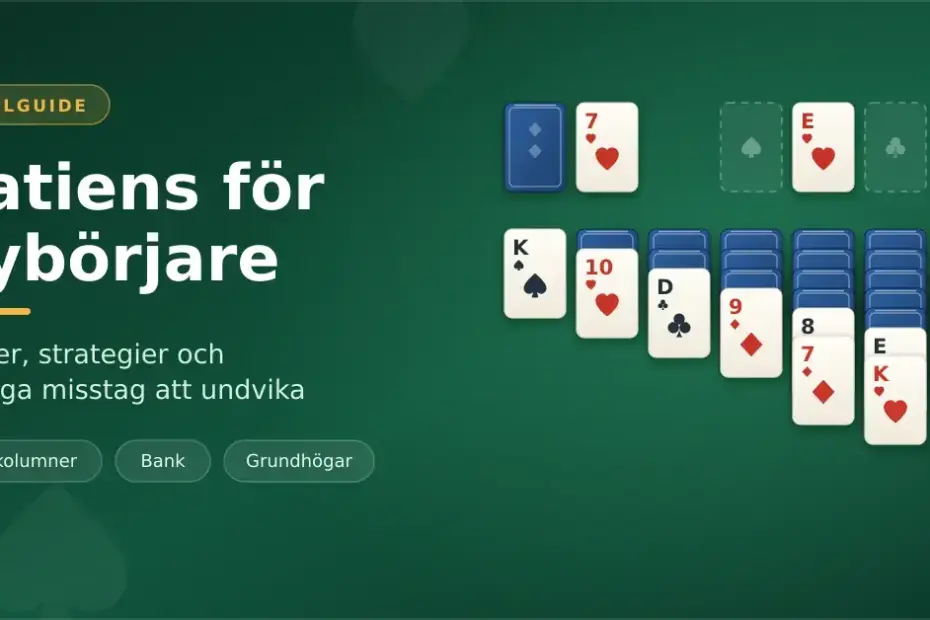 Illustration av ett patiensspel med sju kolumner, kortlek och grundhögar samt texten "Patiens för nybörjare".