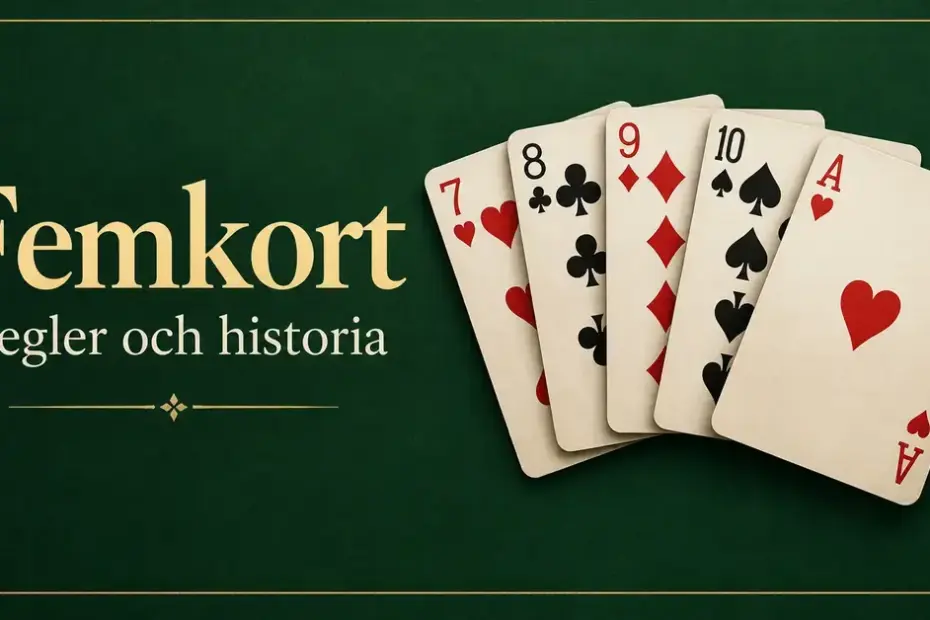 Fem spelkort i solfjäderform mot en mörkgrön bakgrund med guldram och texten ”Femkort – Regler och historia”.