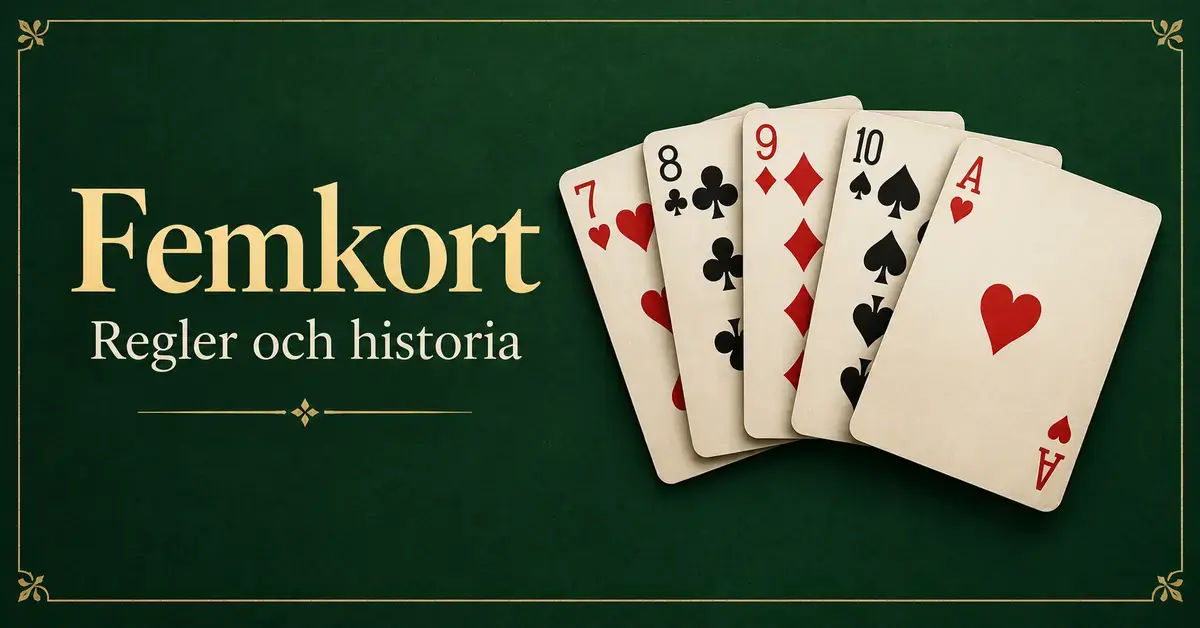 Fem spelkort i solfjäderform mot en mörkgrön bakgrund med guldram och texten ”Femkort – Regler och historia”.