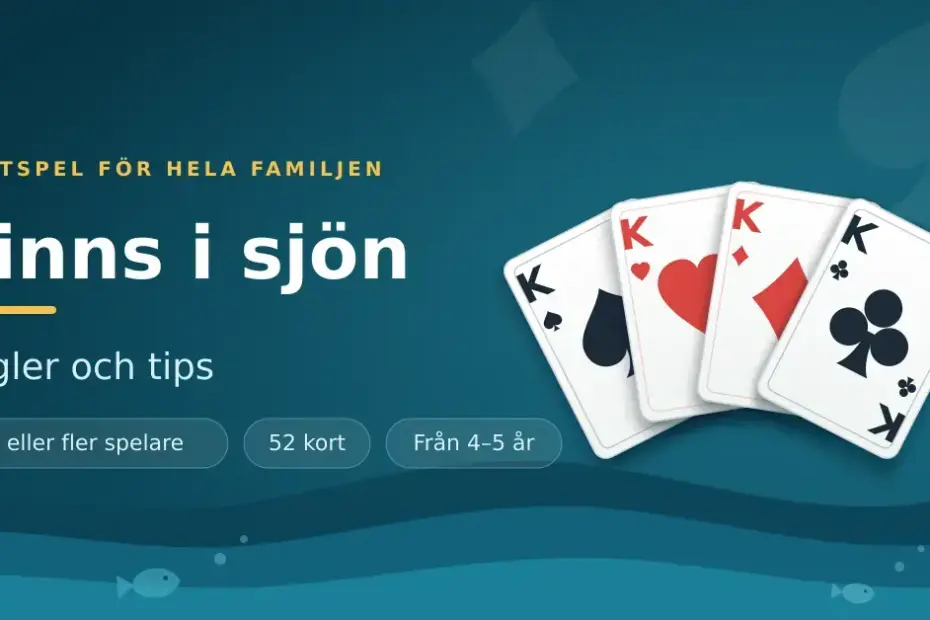 Grafik till kortspelet Finns i sjön med fyra uppfläkta spelkort som visar ett fyrtal kungar i alla fyra färger ovanför stiliserade blå vågor, tillsammans med texten ”Finns i sjön – Regler och tips”.