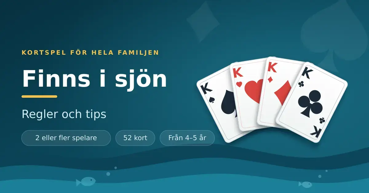 Grafik till kortspelet Finns i sjön med fyra uppfläkta spelkort som visar ett fyrtal kungar i alla fyra färger ovanför stiliserade blå vågor, tillsammans med texten ”Finns i sjön – Regler och tips”.