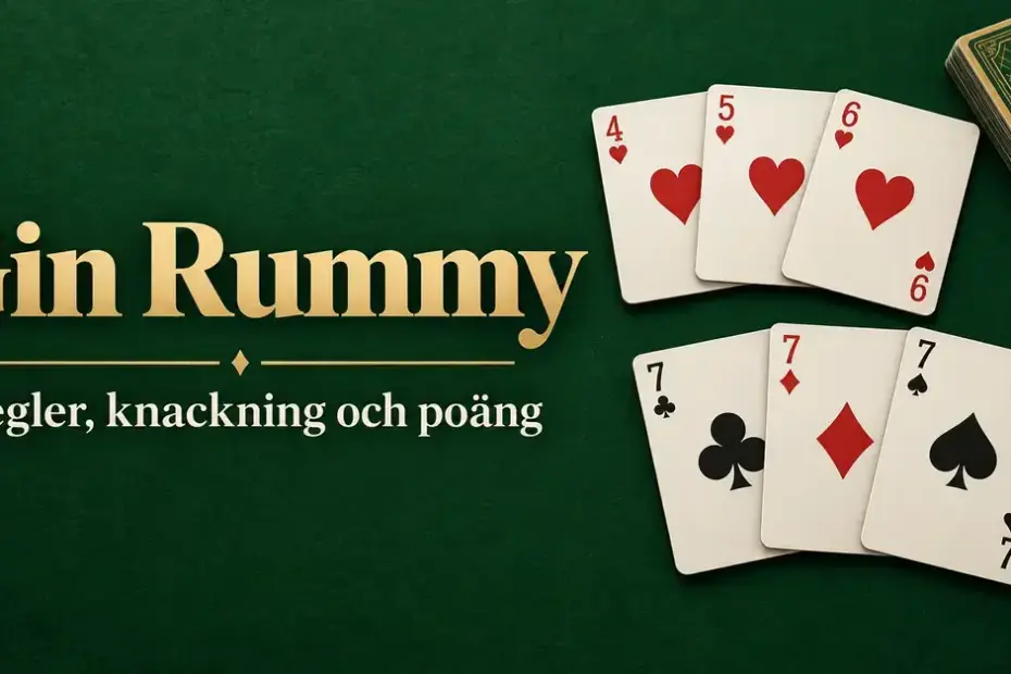 Gin Rummy med en hjärtersekvens och tre sjuor på grön bakgrund samt texten ”Regler, knackning och poäng”.