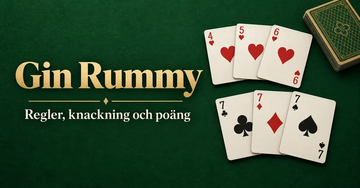 Gin Rummy med en hjärtersekvens och tre sjuor på grön bakgrund samt texten ”Regler, knackning och poäng”.