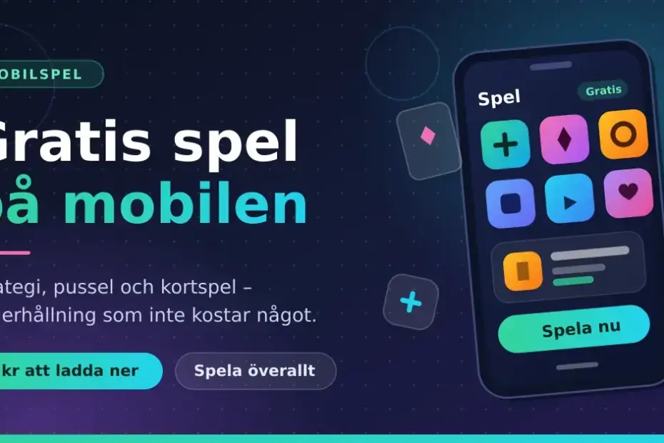 Grafik med texten "Gratis spel på mobilen" bredvid en mobiltelefon som visar färgglada spelikoner och en "Spela nu"-knapp.
