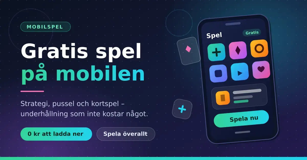 Grafik med texten "Gratis spel på mobilen" bredvid en mobiltelefon som visar färgglada spelikoner och en "Spela nu"-knapp.