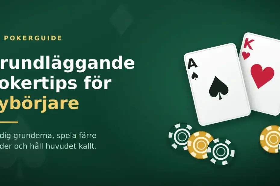 Grafik med rubriken "Grundläggande pokertips för nybörjare" mot grön pokerduk, med spelkorten spader ess och hjärter kung samt pokermarker.