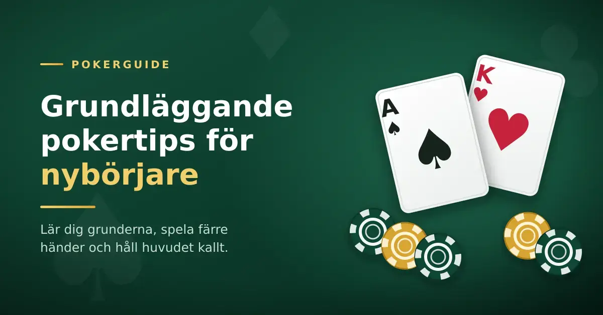 Grafik med rubriken "Grundläggande pokertips för nybörjare" mot grön pokerduk, med spelkorten spader ess och hjärter kung samt pokermarker.