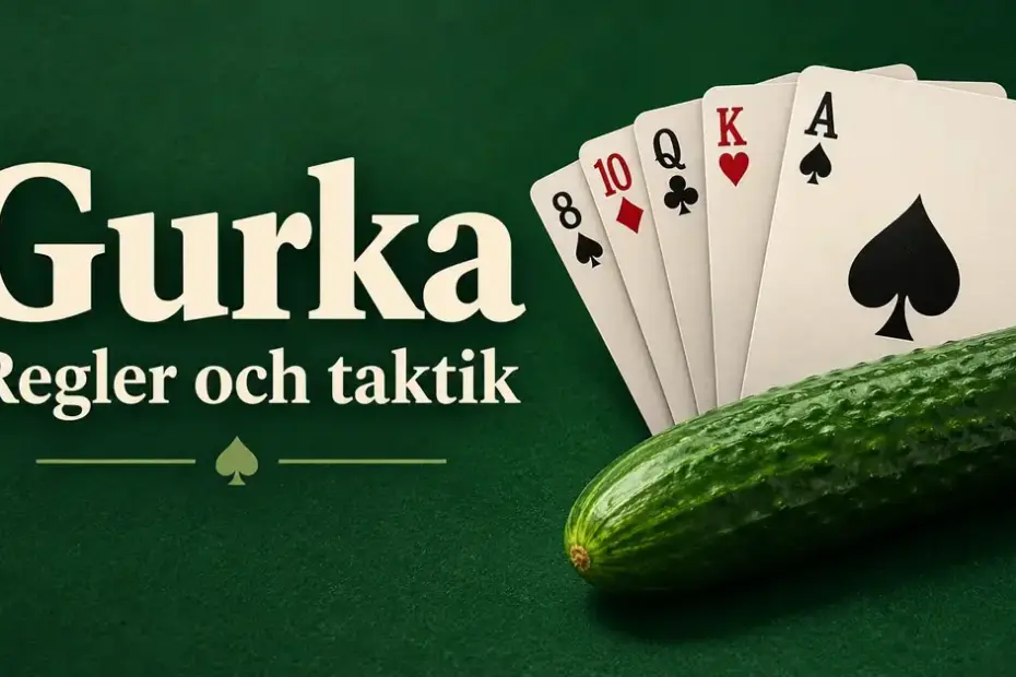 Spelkort med spader ess i förgrunden och en grön gurka på mörkgrön bakgrund, med texten ”Gurka – Regler och taktik”.