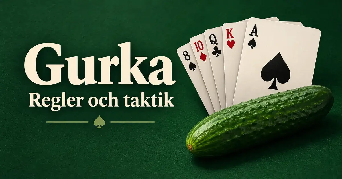 Spelkort med spader ess i förgrunden och en grön gurka på mörkgrön bakgrund, med texten ”Gurka – Regler och taktik”.