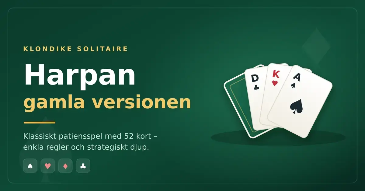 Grafik i grönt med rubriken Harpan gamla versionen, texten Klondike Solitaire och en solfjäder av fyra spelkort med dam, kung och spader ess.