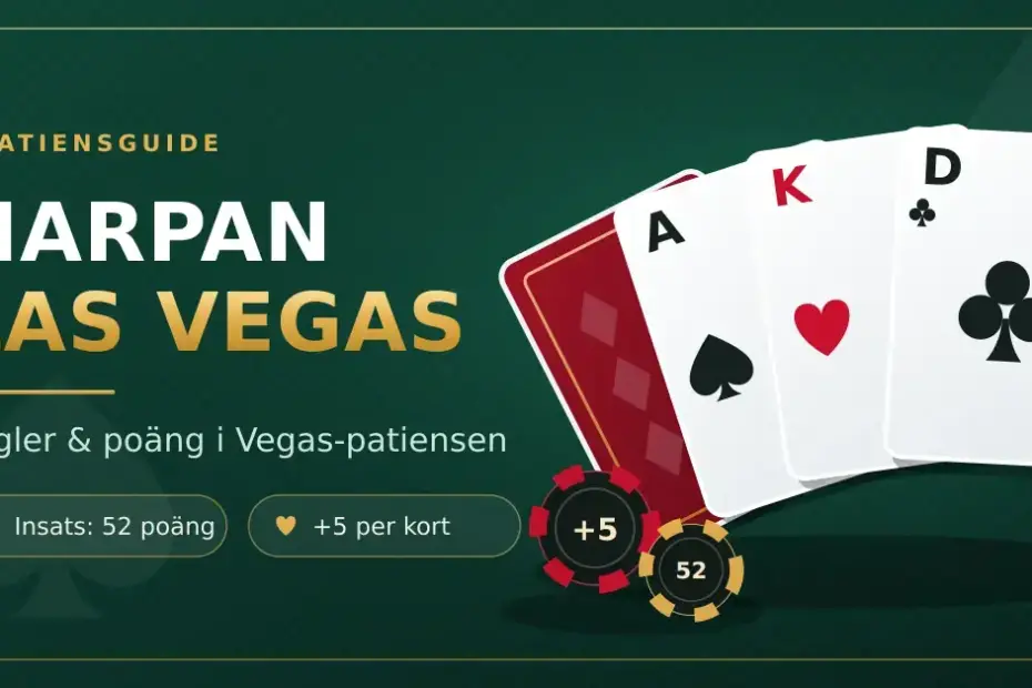 Grafik med texten "Harpan Las Vegas – regler & poäng i Vegas-patiensen" bredvid en solfjäder av spelkort och casinomarker på grön filtbakgrund.