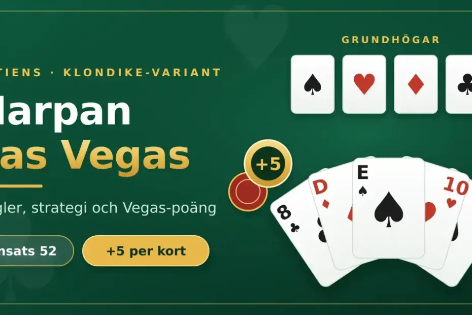 Grafik med rubriken Harpan Las Vegas mot grön kasinofilt, med en solfjäder av spelkort, fyra grundhögar, spelmarker och texten Insats 52 och +5 per kort.