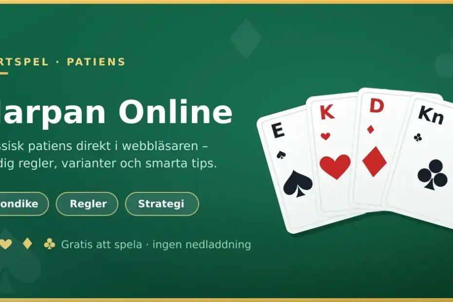 Grafik för artikeln Harpan Online med en solfjäder av spelkort i spader, hjärter, ruter och klöver mot grön bakgrund samt texten "Harpan Online – klassisk patiens direkt i webbläsaren".