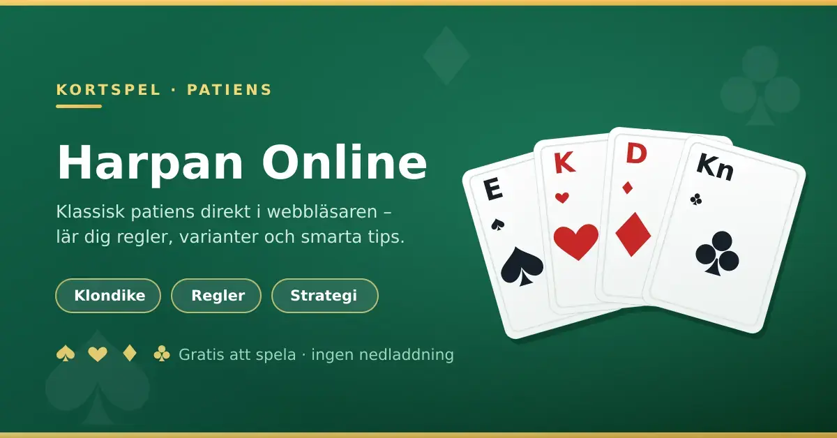Grafik för artikeln Harpan Online med en solfjäder av spelkort i spader, hjärter, ruter och klöver mot grön bakgrund samt texten "Harpan Online – klassisk patiens direkt i webbläsaren".