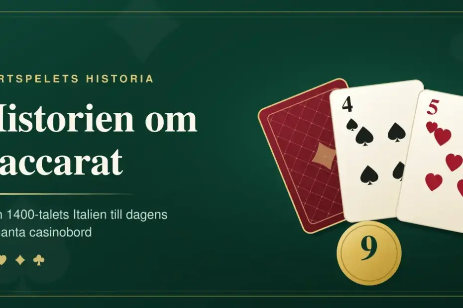 Grafik med rubriken ”Historien om baccarat” bredvid en solfjäder av spelkort – en kortrygg, spader fyra och hjärter fem – samt en guldfärgad spelmarker med siffran nio.