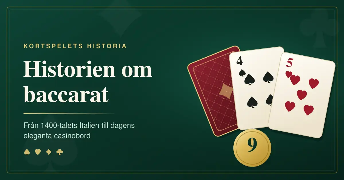 Grafik med rubriken ”Historien om baccarat” bredvid en solfjäder av spelkort – en kortrygg, spader fyra och hjärter fem – samt en guldfärgad spelmarker med siffran nio.