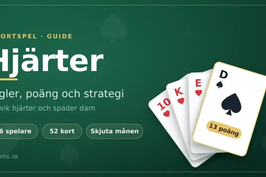 Grafik för kortspelet Hjärter med en solfjäder av spelkort där tre hjärterkort och spader dam med texten "13 poäng" visas mot en mörkgrön spelbordsbakgrund.