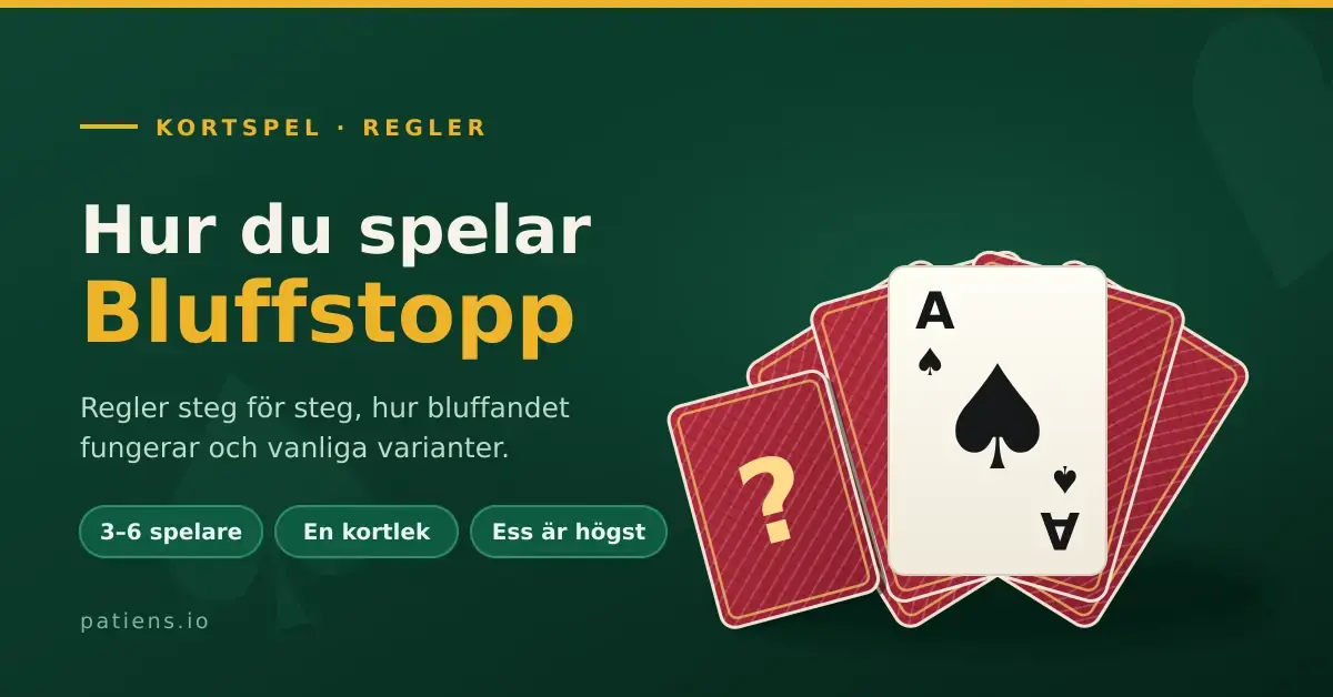 En grafisk illustration för artikeln om kortspelet Bluffstopp: en solfjäder av röda kort med baksidan upp, ett spader ess och ett frågetecken mot grön spelduk, med texten "Hur du spelar Bluffstopp".