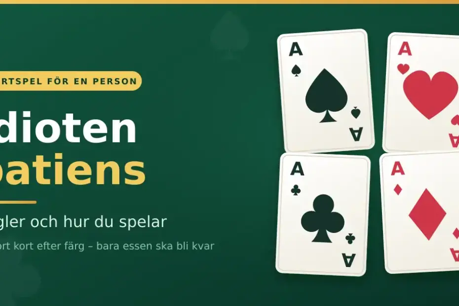 Illustration med de fyra essen – spader, hjärter, klöver och ruter – på grön spelduk, med texten "Idioten patiens – regler och hur du spelar".
