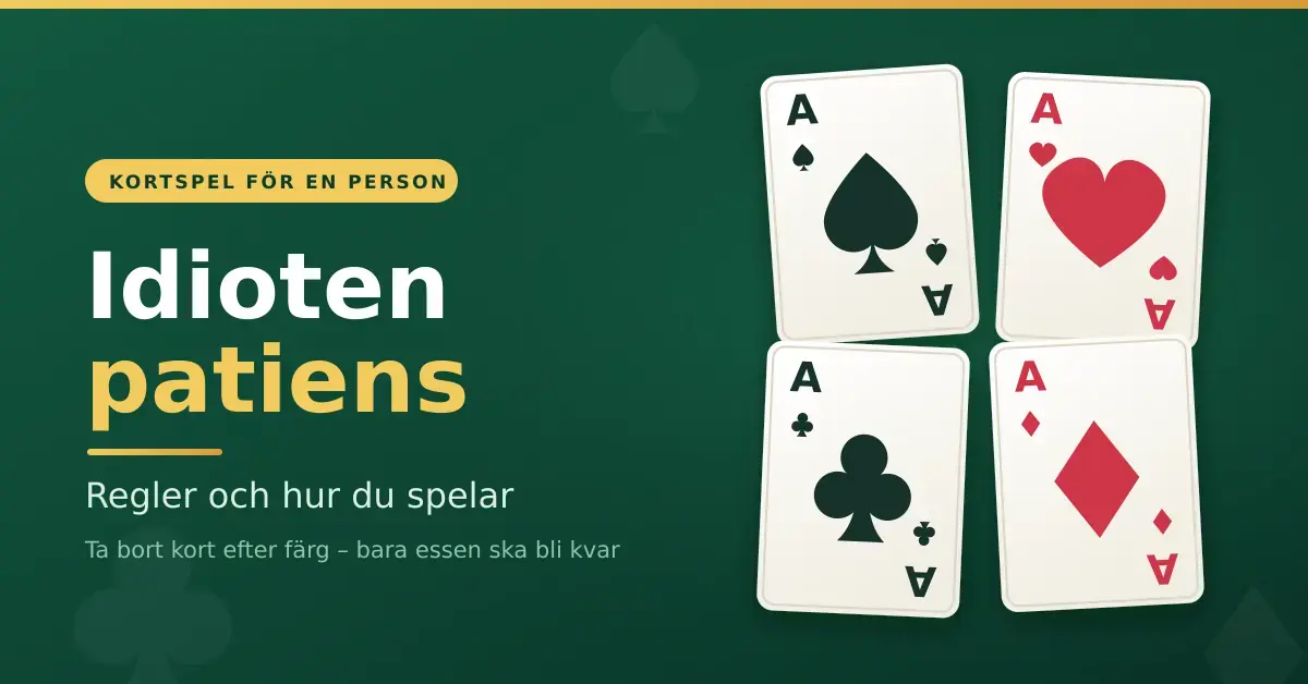Illustration med de fyra essen – spader, hjärter, klöver och ruter – på grön spelduk, med texten "Idioten patiens – regler och hur du spelar".