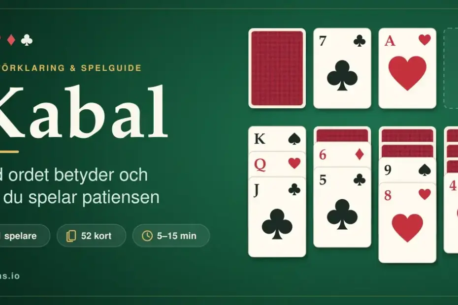 Grafik med rubriken ”Kabal” och texten ”Vad ordet betyder och hur du spelar patiensen” bredvid en utlagd patiens med spelkort på ett grönt spelbord samt snabbfakta om 1 spelare, 52 kort och 5–15 minuters speltid.