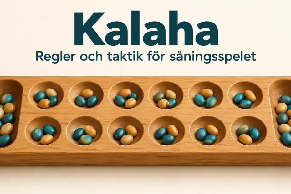 Kalahabräde i trä med två rader av sex gropar, två stora skålar och färgade stenar under rubriken ”Kalaha – Regler och taktik för såningsspelet”.