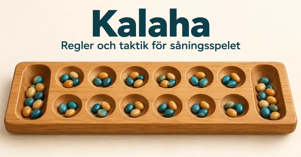 Kalahabräde i trä med två rader av sex gropar, två stora skålar och färgade stenar under rubriken ”Kalaha – Regler och taktik för såningsspelet”.