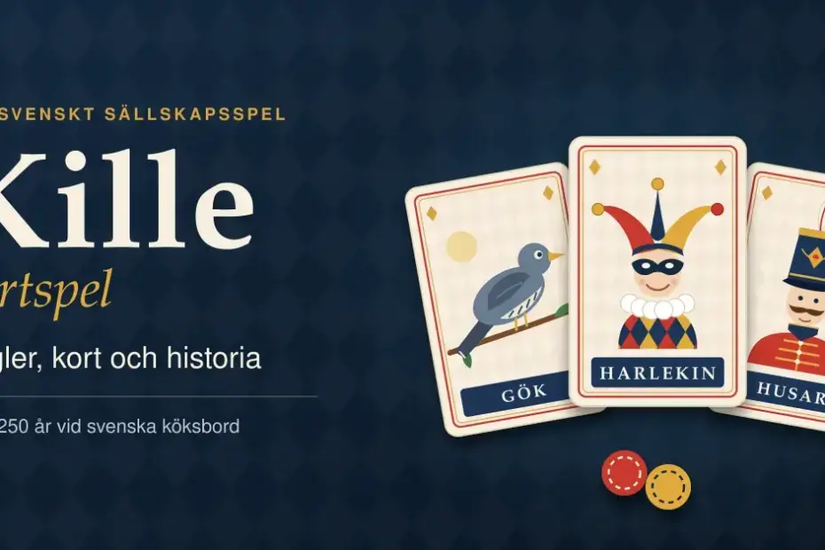 Illustration med texten ”Kille kortspel – Regler, kort och historia” bredvid tre solfjäderformade killekort med Gök, Harlekin och Husar samt två spelmarker mot en mörkblå bakgrund.