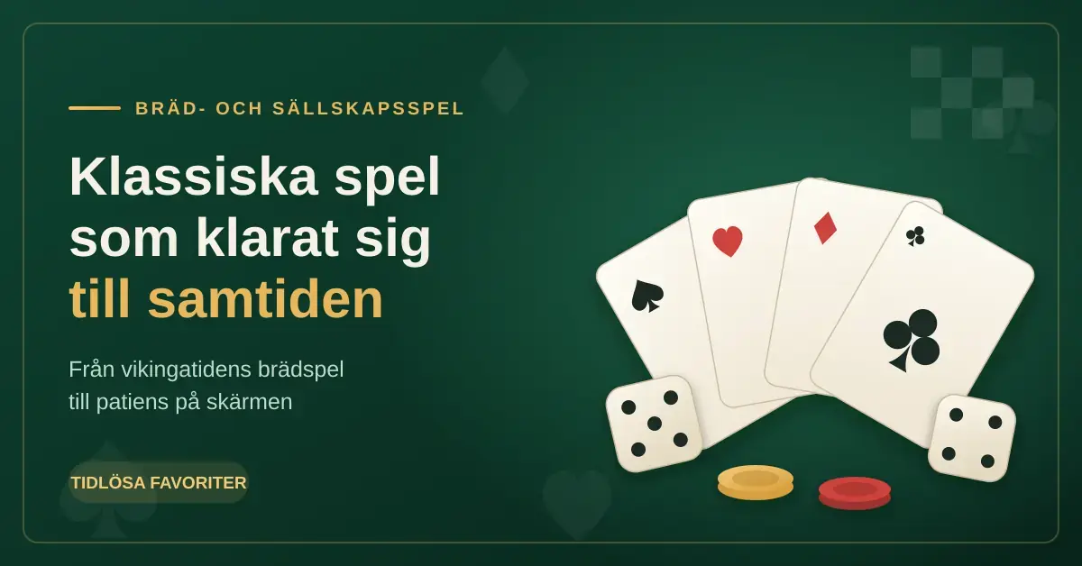 En grafik med texten "Klassiska spel som klarat sig till samtiden" bredvid en solfjäder av spelkort, tärningar och spelbrickor mot en mörkgrön bakgrund.