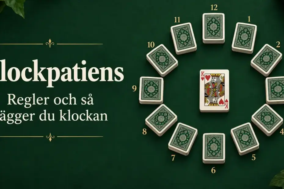 Tolv korthögar ligger som timmarna på en urtavla med en hjärterkung i mitten, bredvid texten ”Klockpatiens – Regler och så lägger du klockan”.