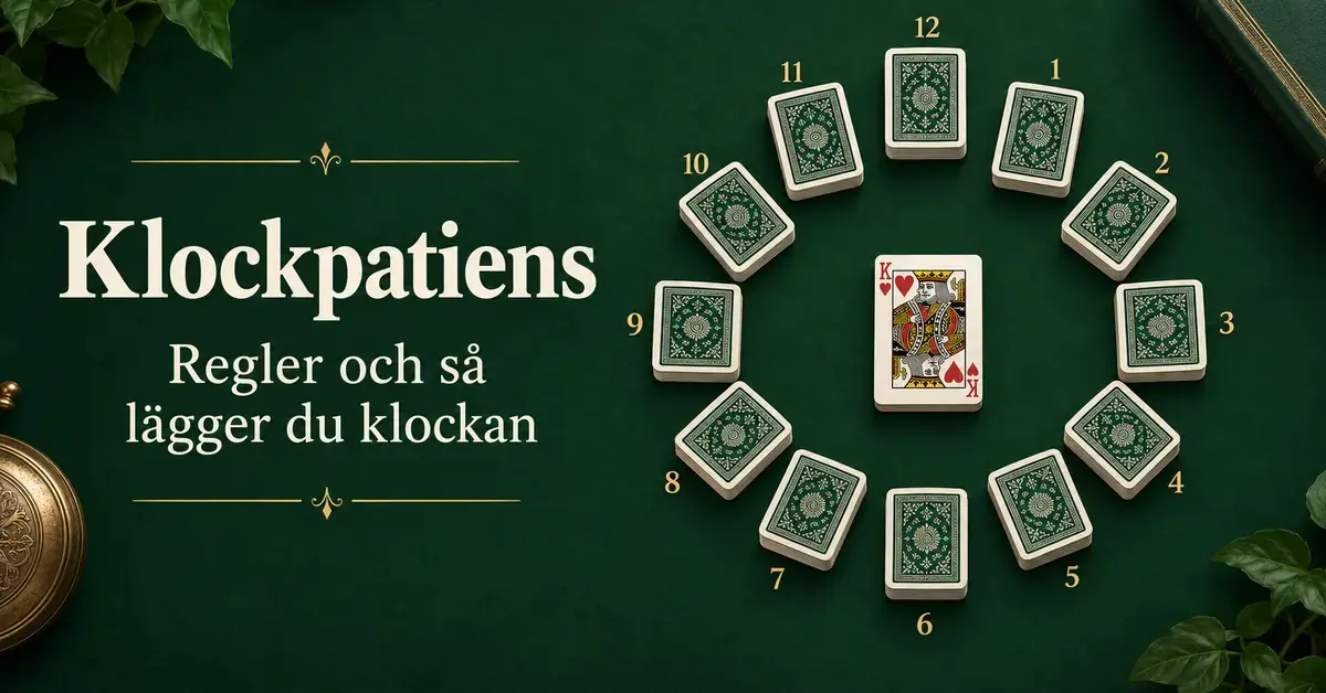 Tolv korthögar ligger som timmarna på en urtavla med en hjärterkung i mitten, bredvid texten ”Klockpatiens – Regler och så lägger du klockan”.