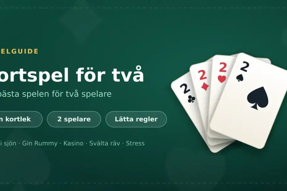 Fyra spelkort som visar tvåor i alla fyra färger på grön bakgrund, bredvid rubriken "Kortspel för två – de bästa spelen för två spelare".