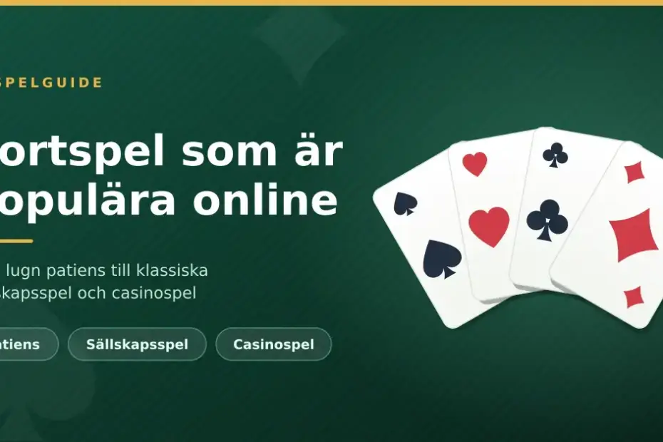 Grafik med en solfjäder av spelkort i spader, hjärter, klöver och ruter mot grön bakgrund, tillsammans med texten "Kortspel som är populära online".