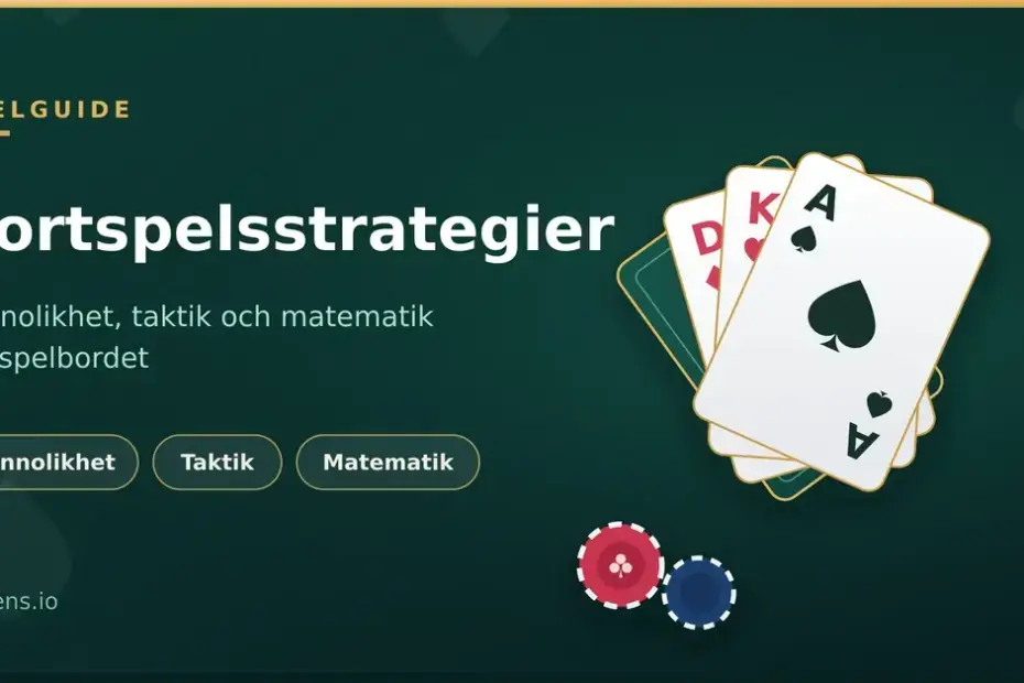 Grafik med texten "Kortspelsstrategier" bredvid en solfjäder av spelkort och spelmarker på grön bakgrund.