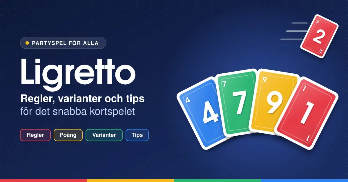 Grafisk illustration till artikeln om Ligretto med rubriken ”Ligretto – regler, varianter och tips för det snabba kortspelet”, där fyra spelkort i rött, gult, grönt och blått ligger i en solfjäder mot mörkblå bakgrund medan ett rött kort med siffran 2 flyger in.